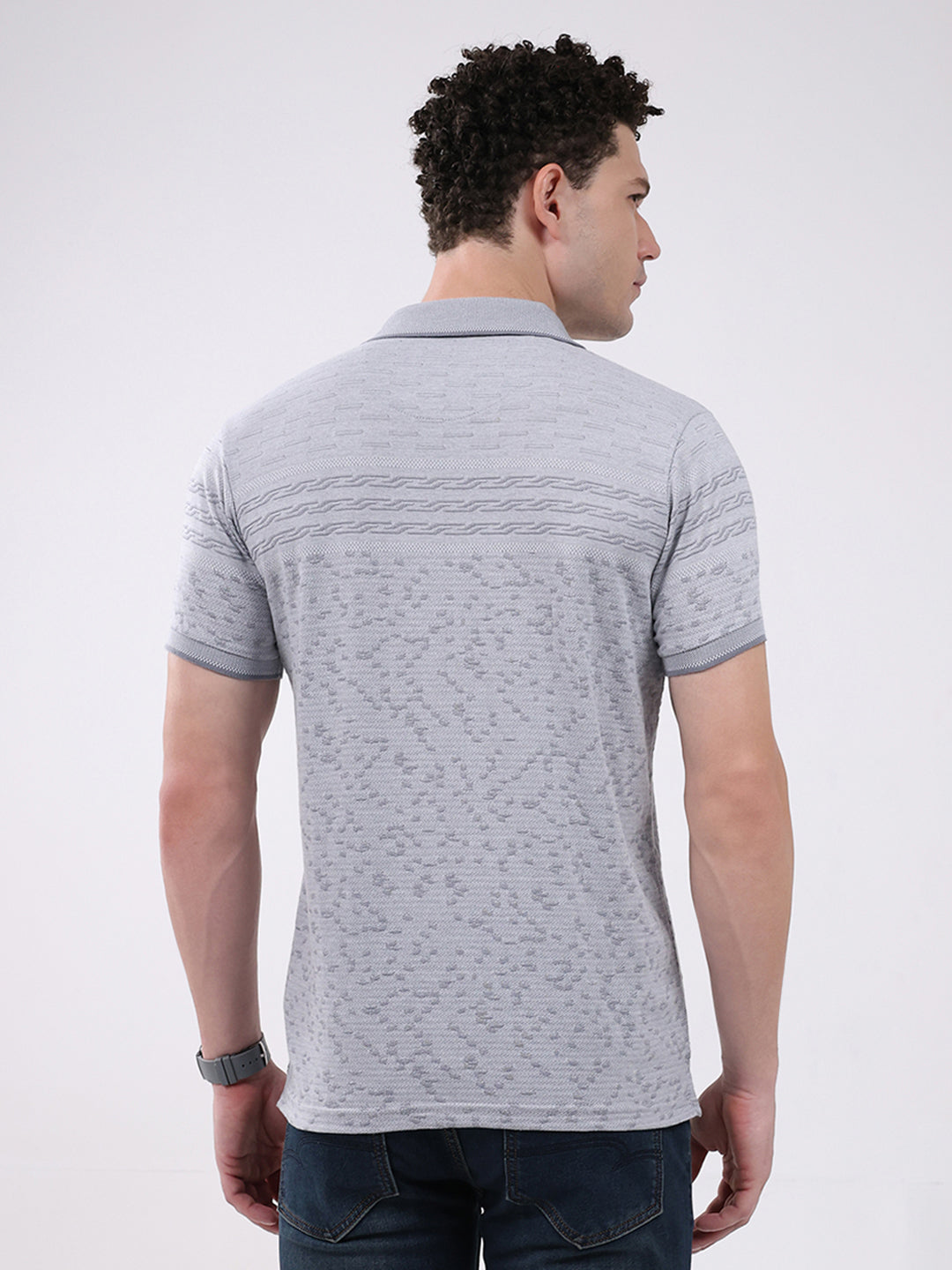 Men Grey Stripe Collar Half Sleeve T-Shirt