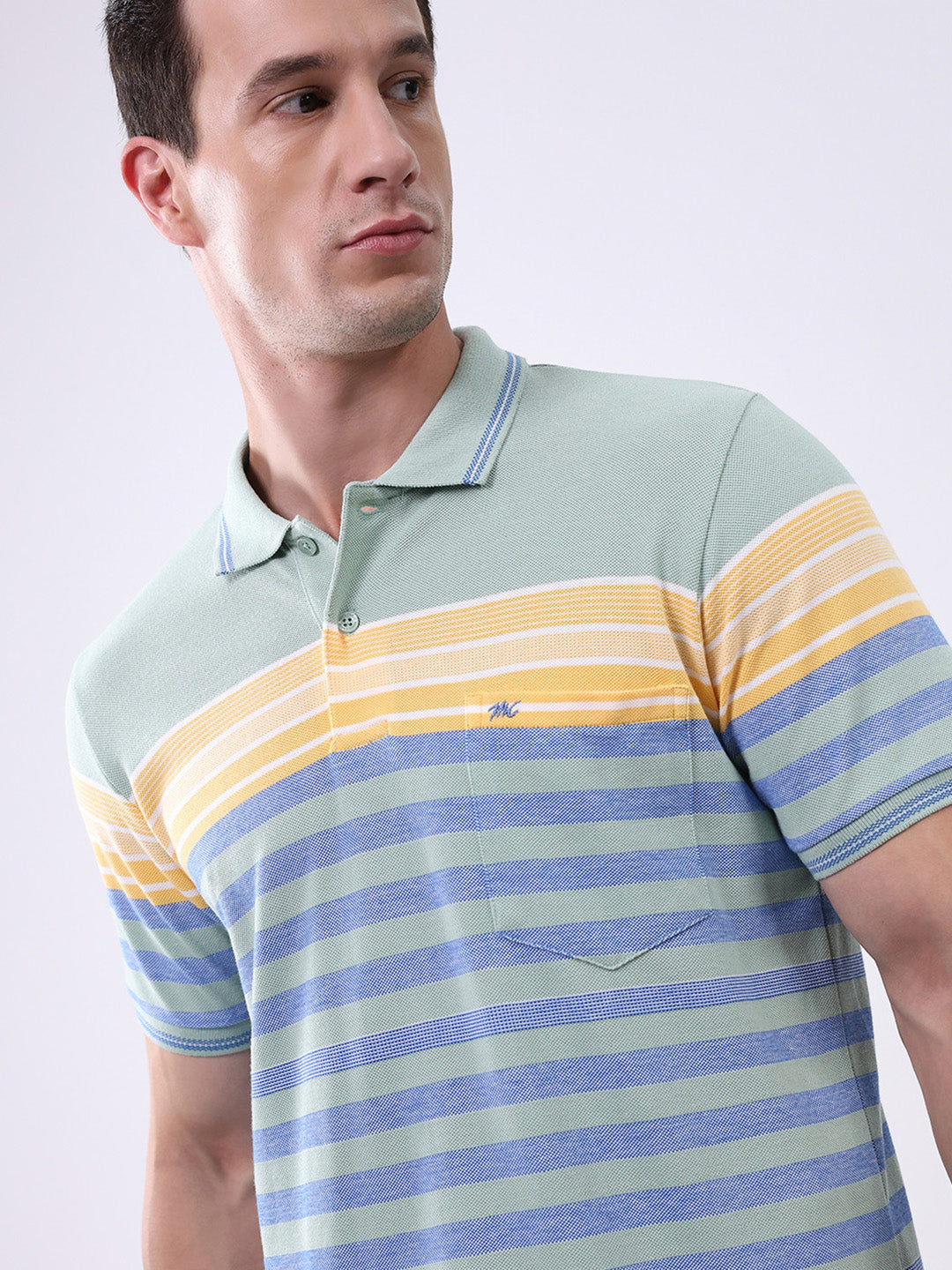 Men Green Stripe Collar Half Sleeve T-Shirt