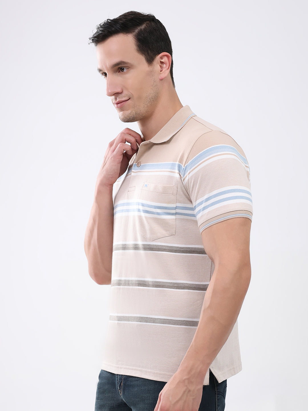 Men Beige Stripe Collar Half Sleeve T-Shirt
