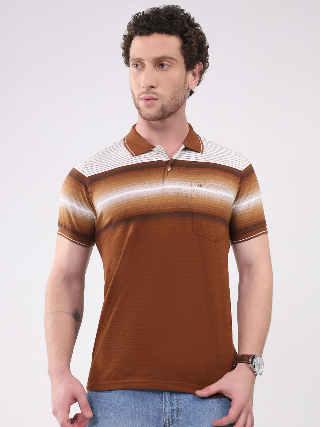 Men Brown Stripe Collar Half Sleeve T-Shirt