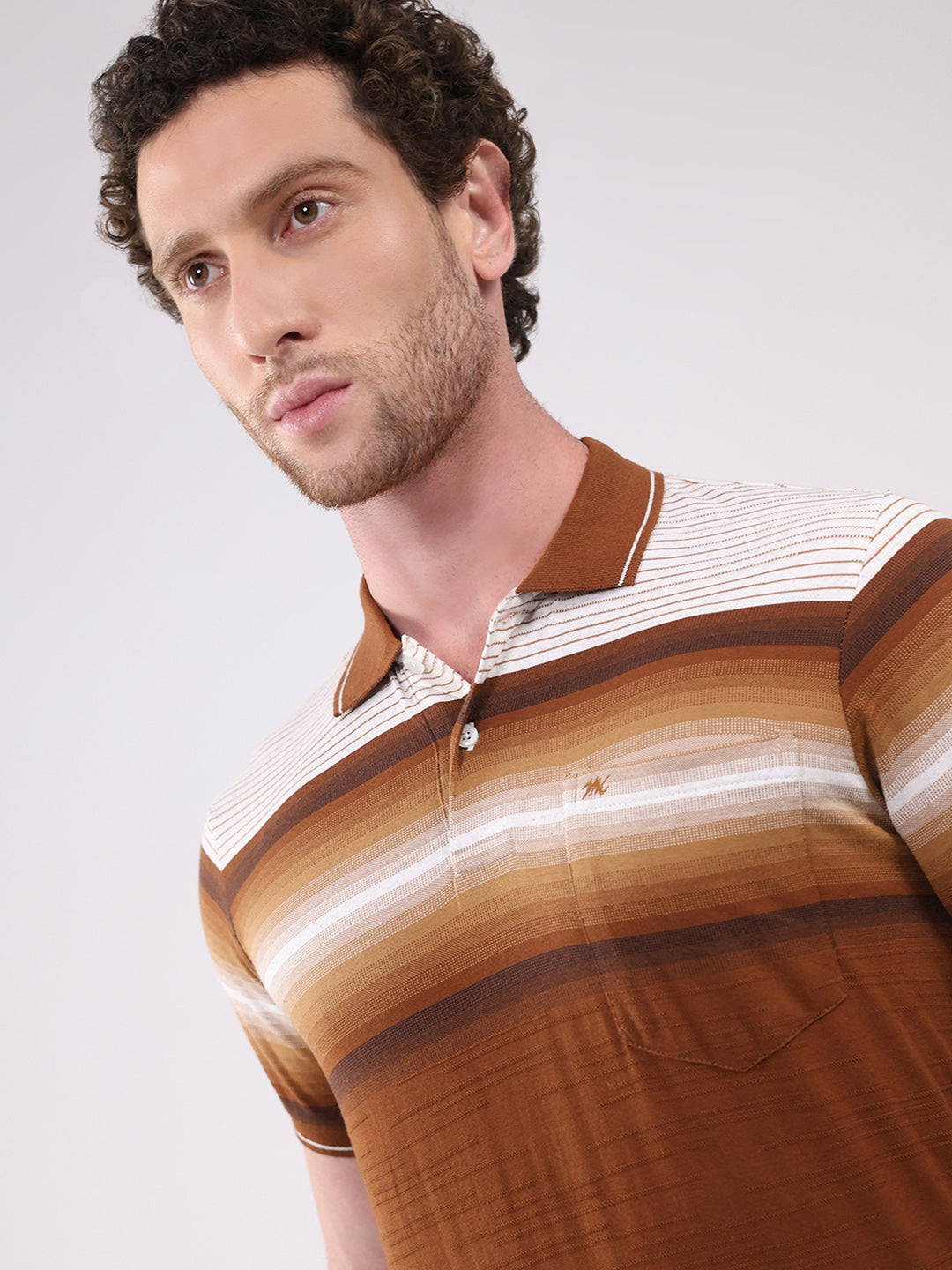 Men Brown Stripe Collar Half Sleeve T-Shirt