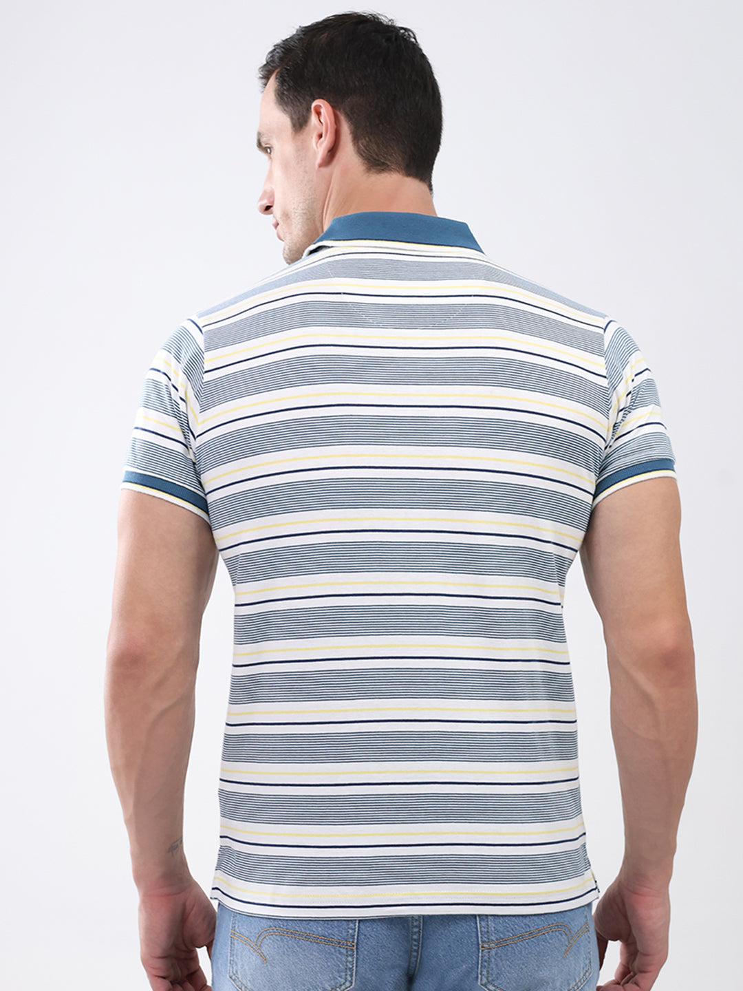 Men Teal Blue Stripe Stand Collar Half Sleeve T-Shirt