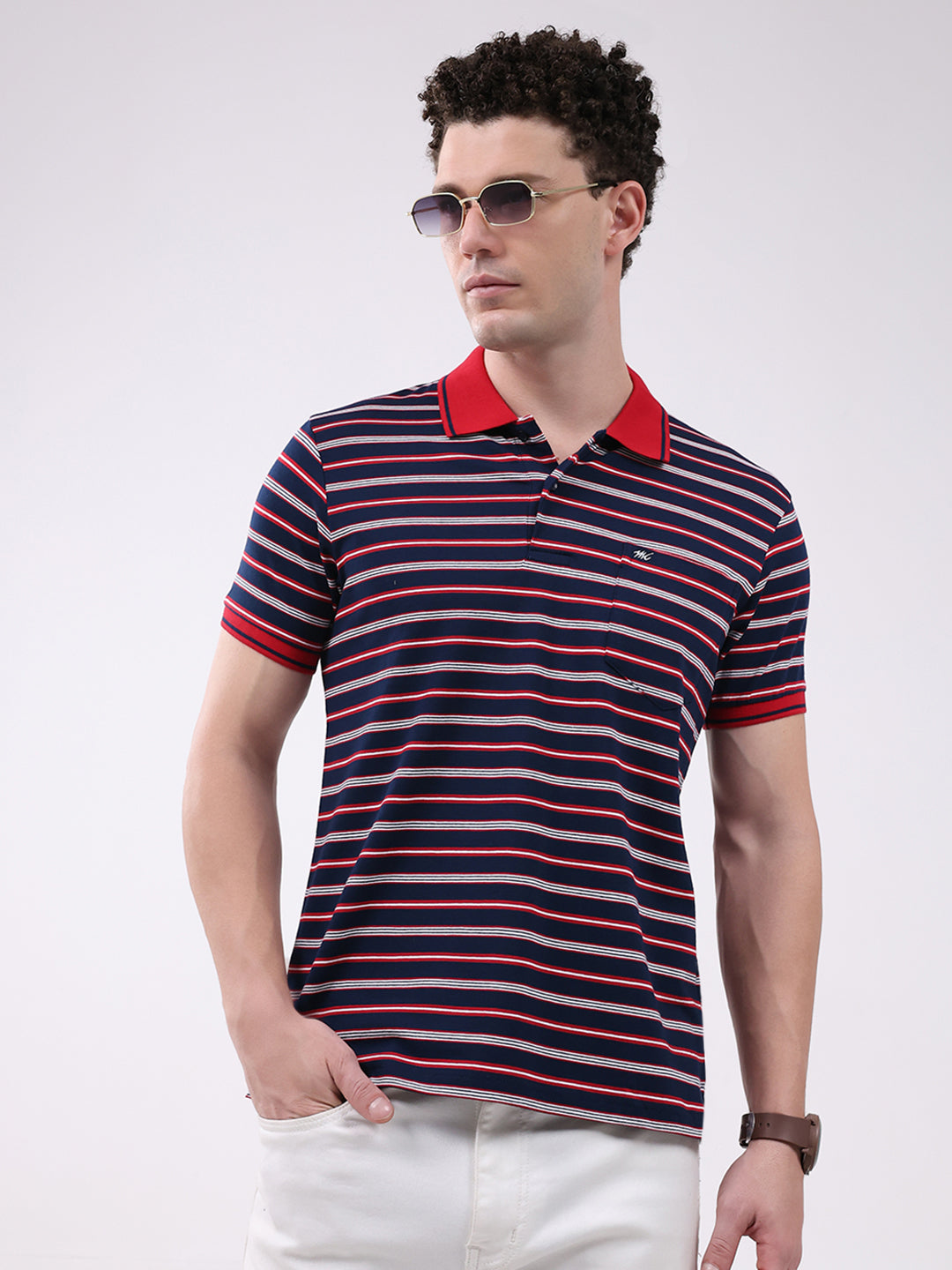 Men Navy Blue Stripe Collar Half Sleeve T-Shirt