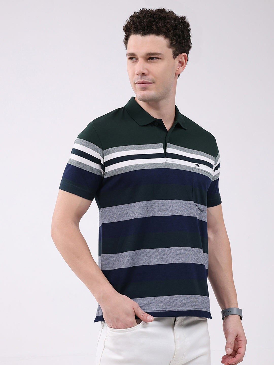 Men Green Stripe Collar Half Sleeve T-Shirt