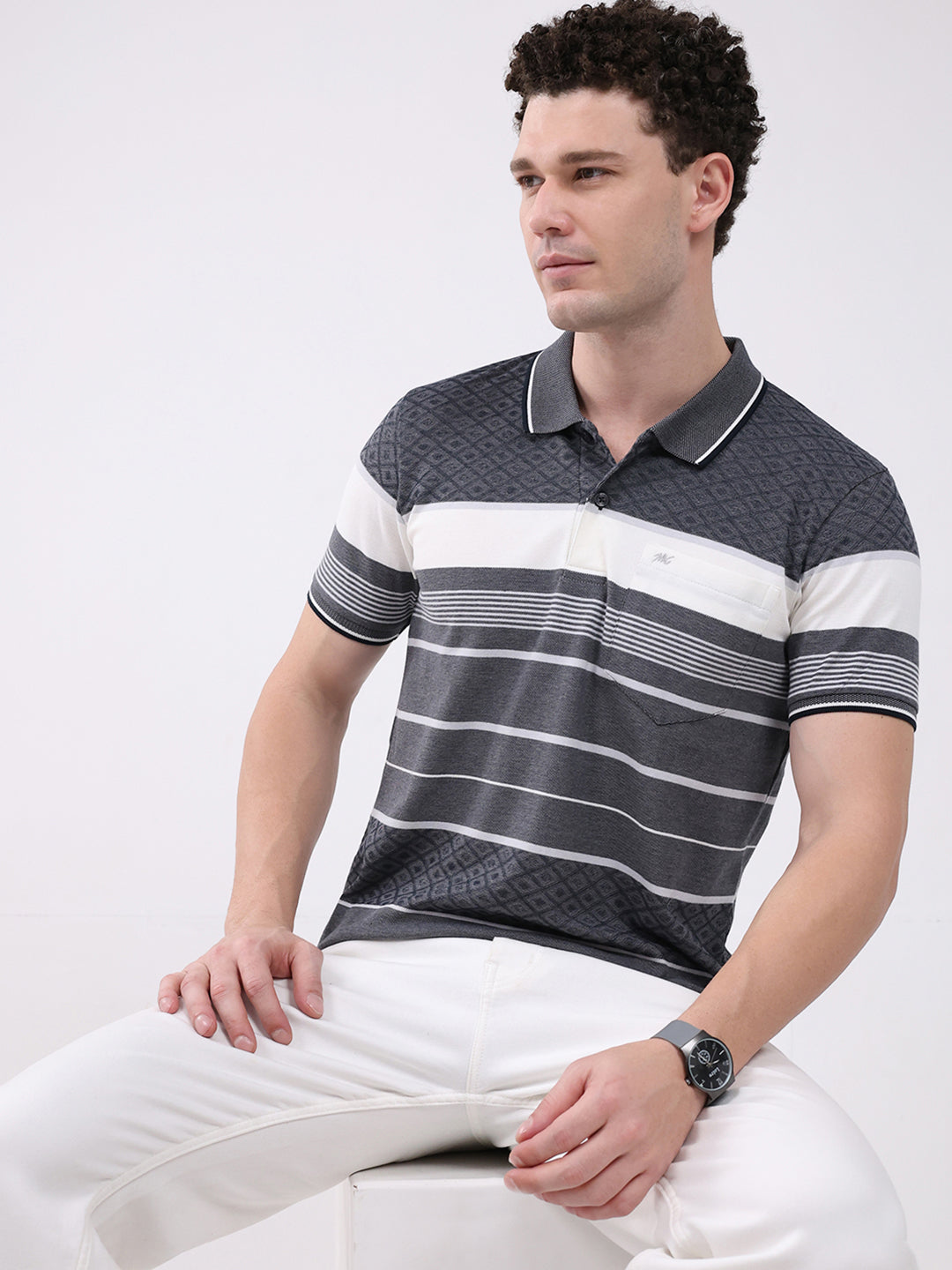 Men Grey Stripe Collar Half Sleeve T-Shirt