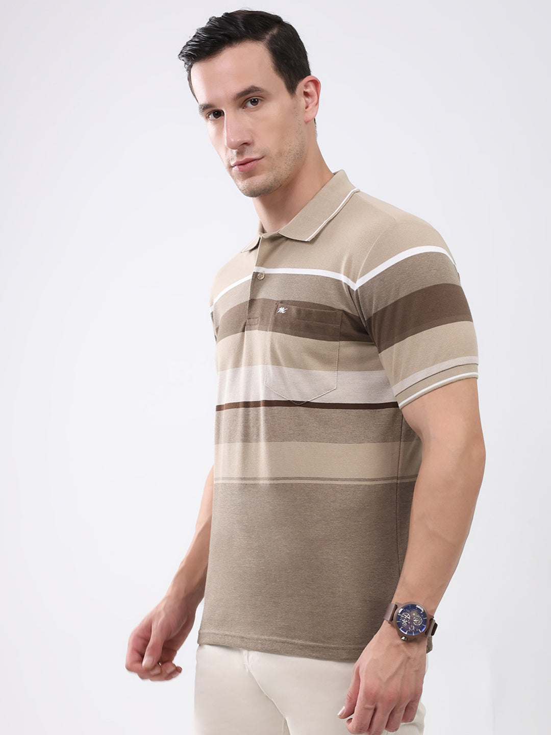Men Brown Stripe Collar Half Sleeve T-Shirt