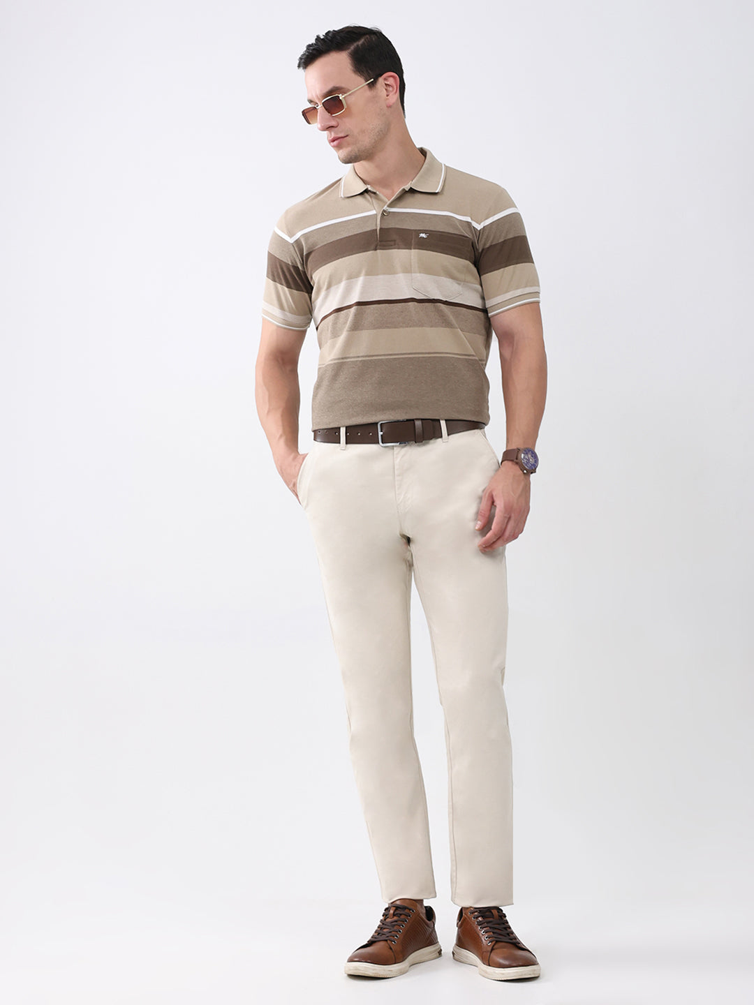 Men Brown Stripe Collar Half Sleeve T-Shirt