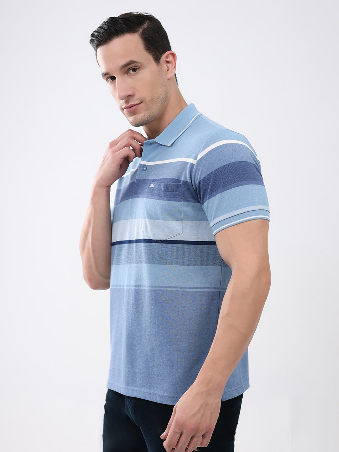 Men Blue Stripe Collar Half Sleeve T-Shirt