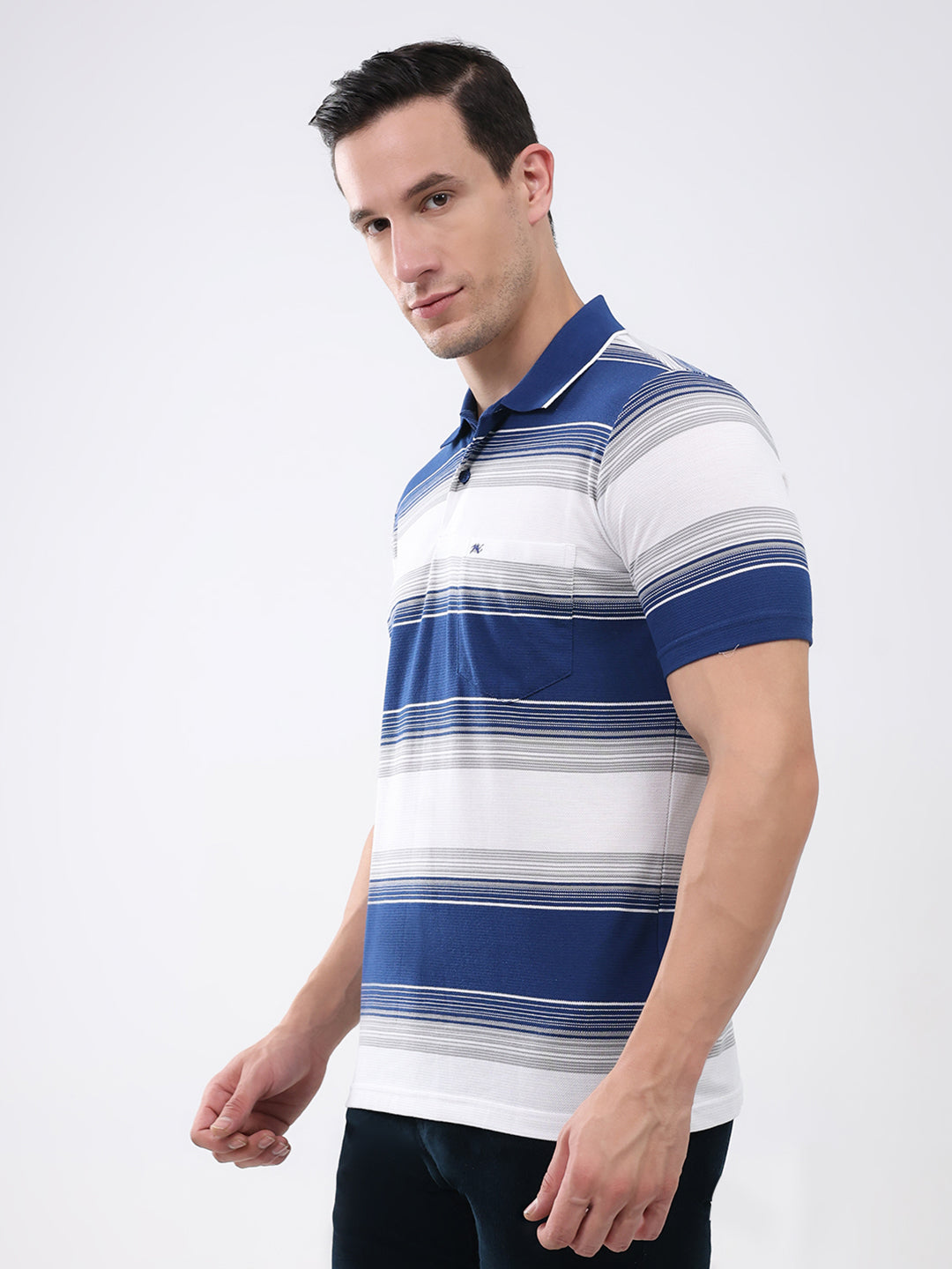 Men Navy Blue Stripe Collar Half Sleeve T-Shirt