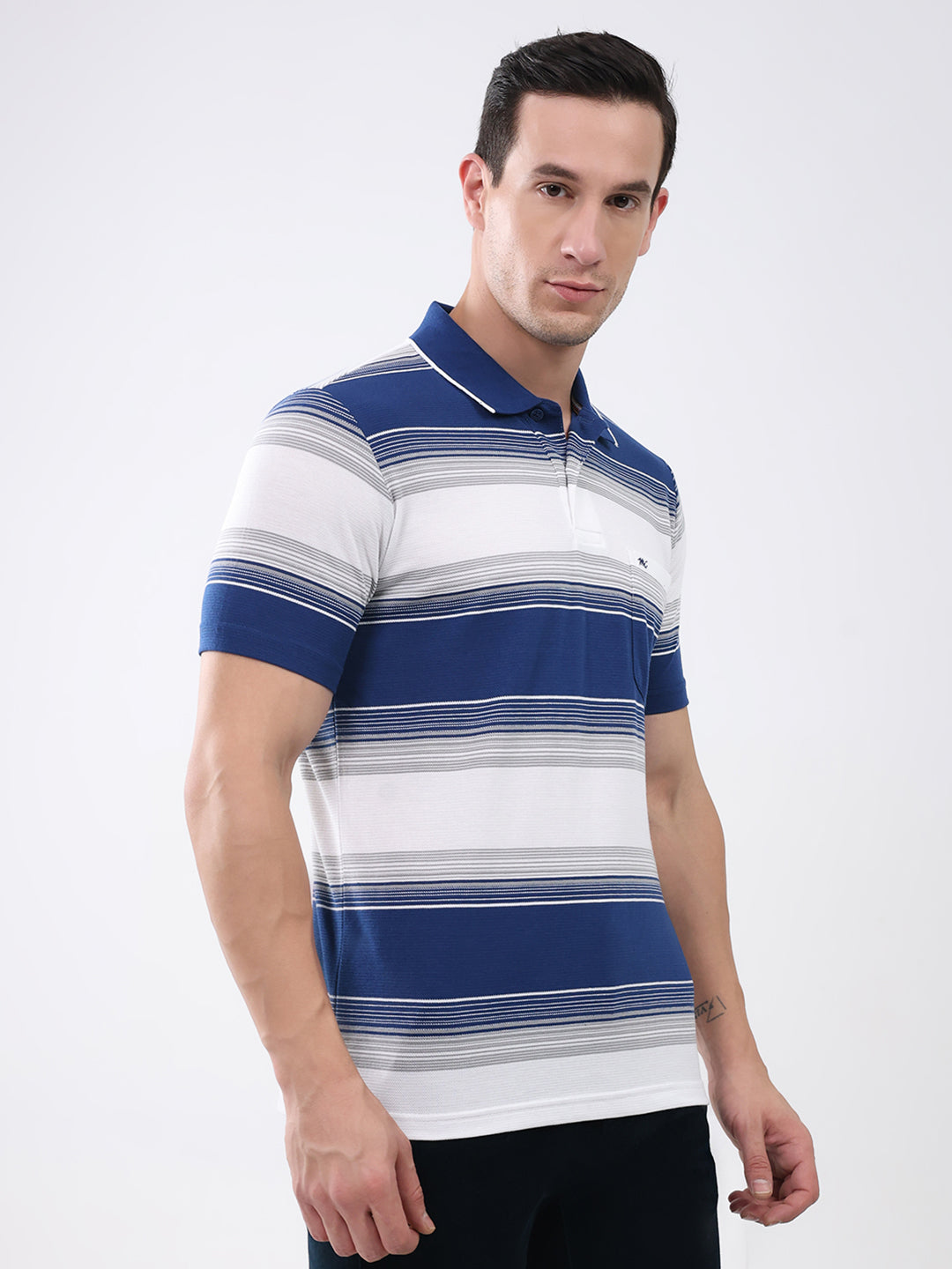 Men Navy Blue Stripe Collar Half Sleeve T-Shirt