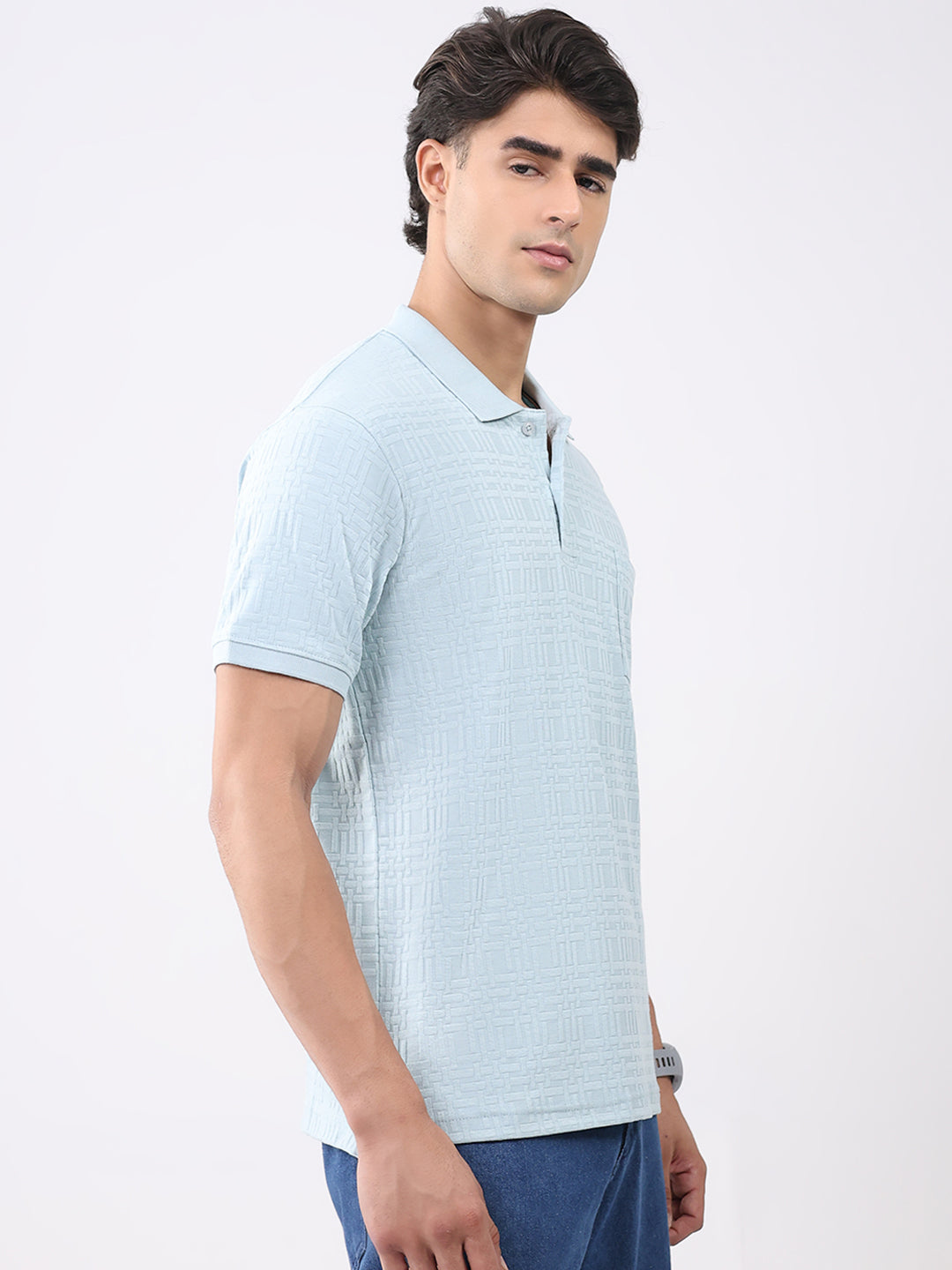 Men Green Stripe Collar Half Sleeve T-Shirt