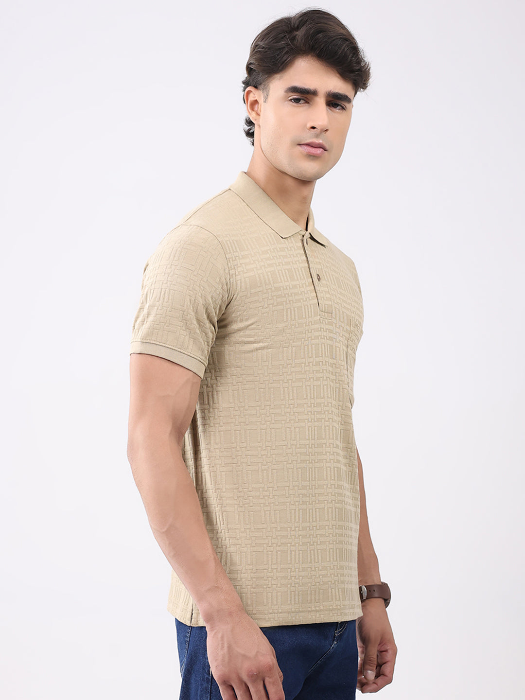 Men Beige Stripe Collar Half Sleeve T-Shirt