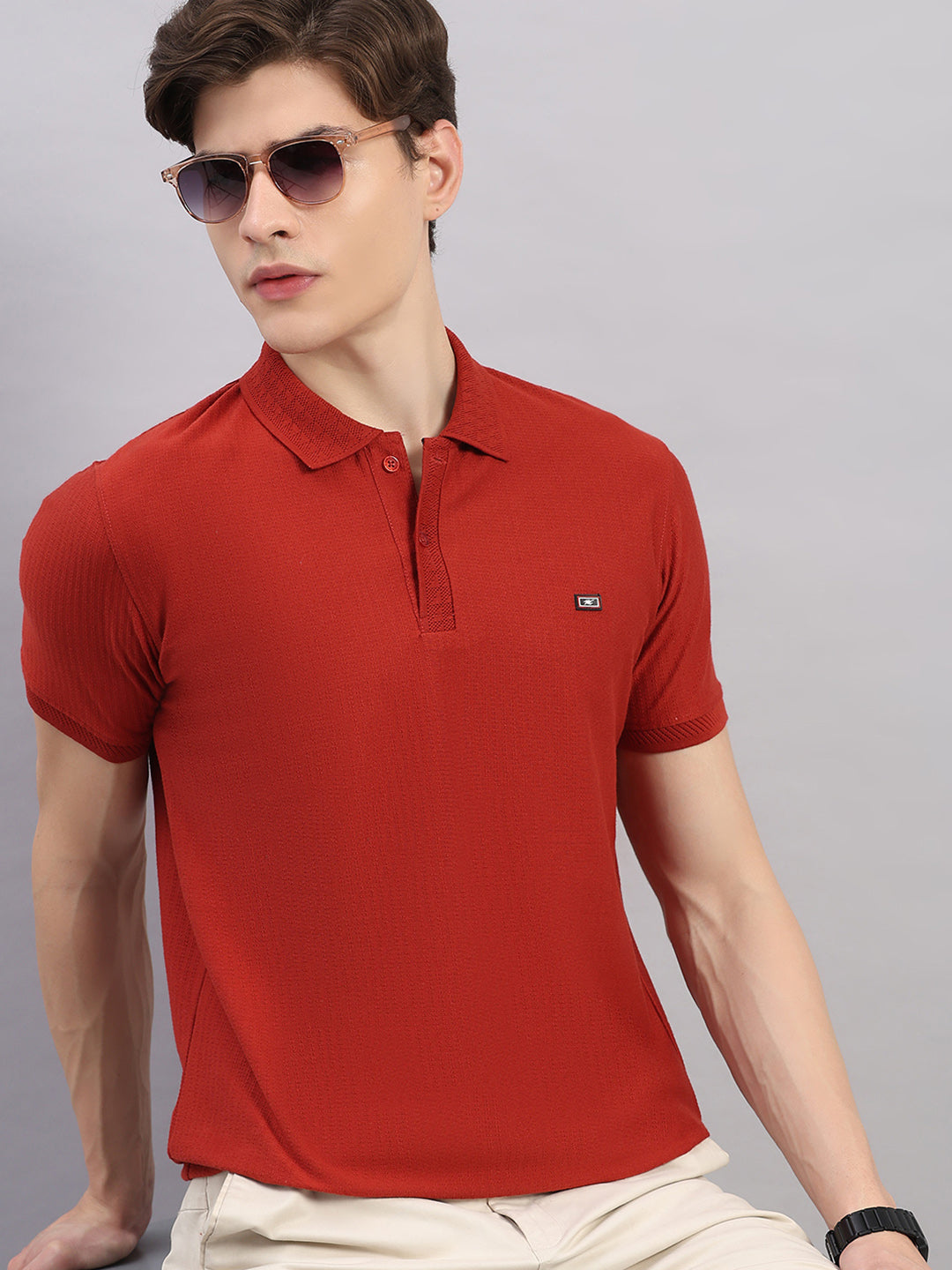 Men Rust Geometric Stand Collar Half Sleeve T-Shirt