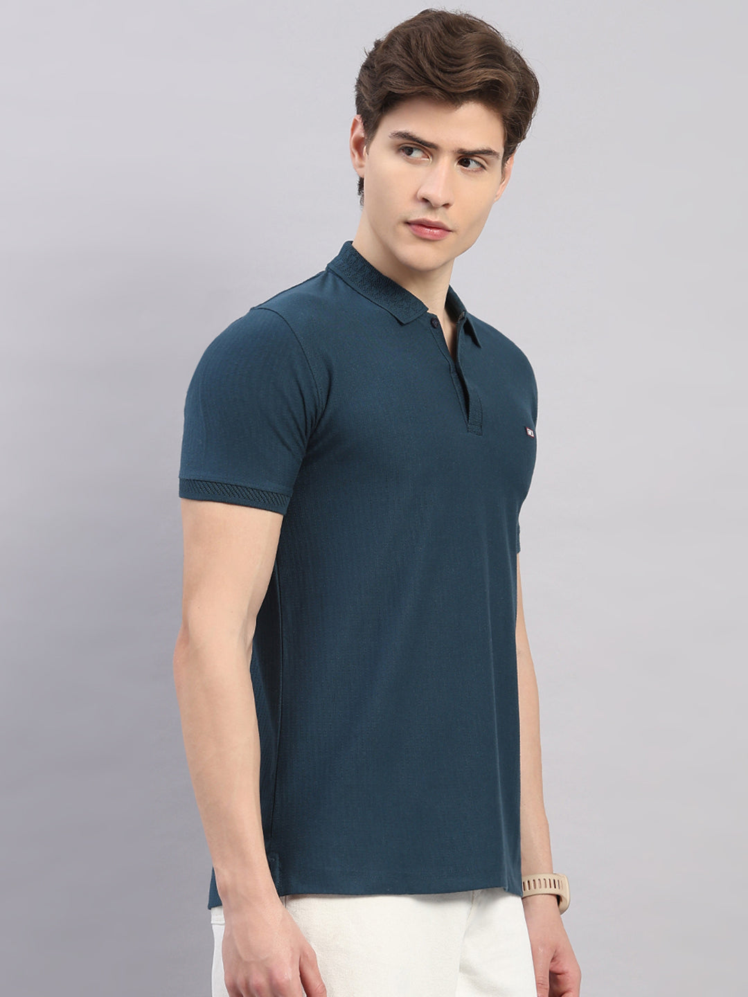 Men Teal Blue Geometric Stand Collar Half Sleeve T-Shirt
