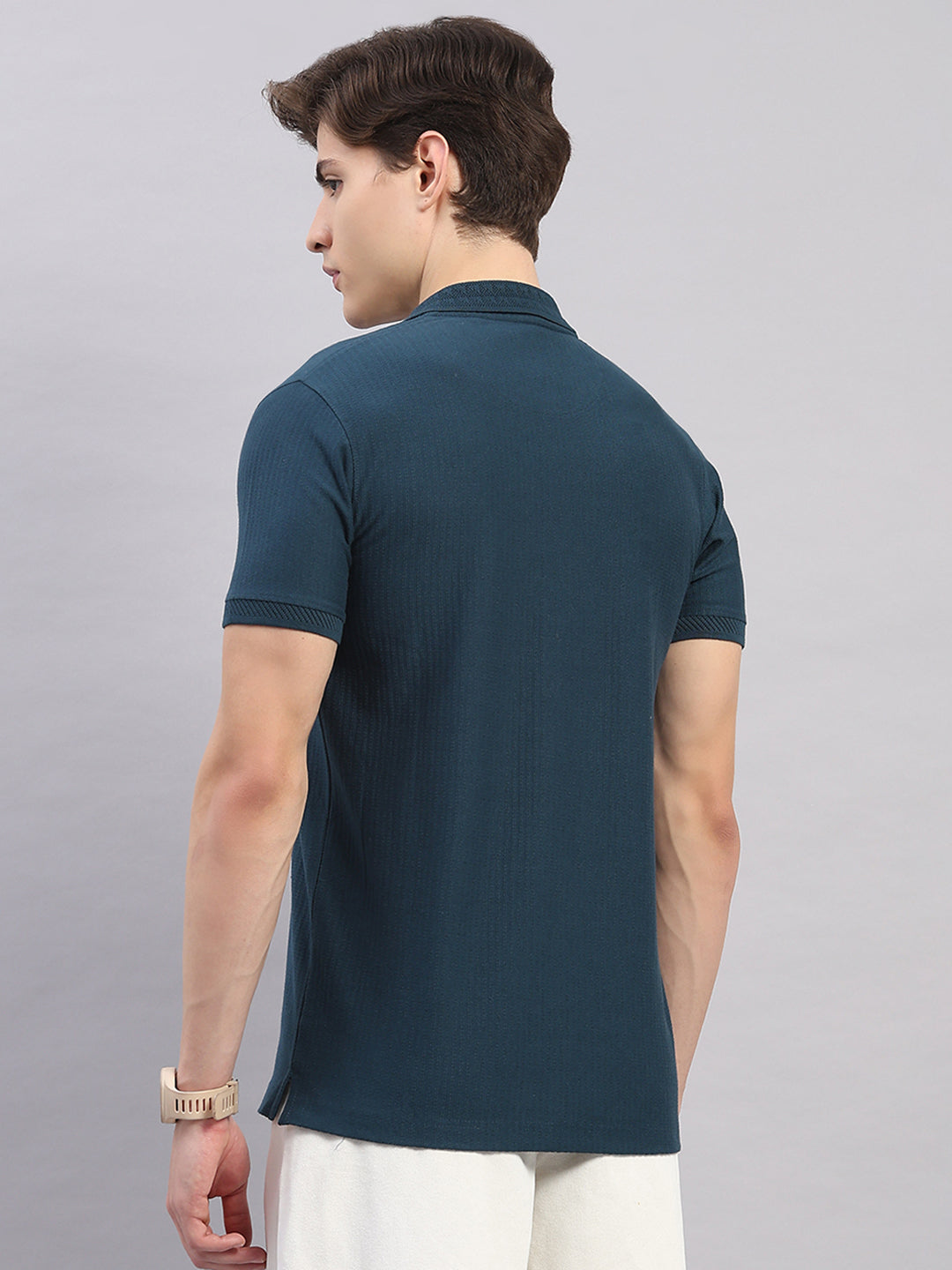 Men Teal Blue Geometric Stand Collar Half Sleeve T-Shirt