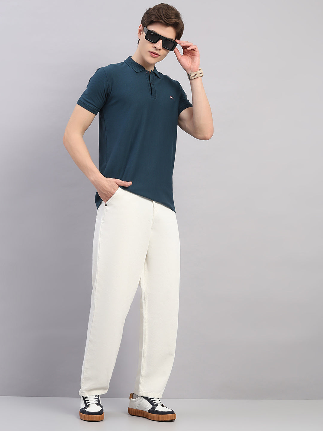 Men Teal Blue Geometric Stand Collar Half Sleeve T-Shirt