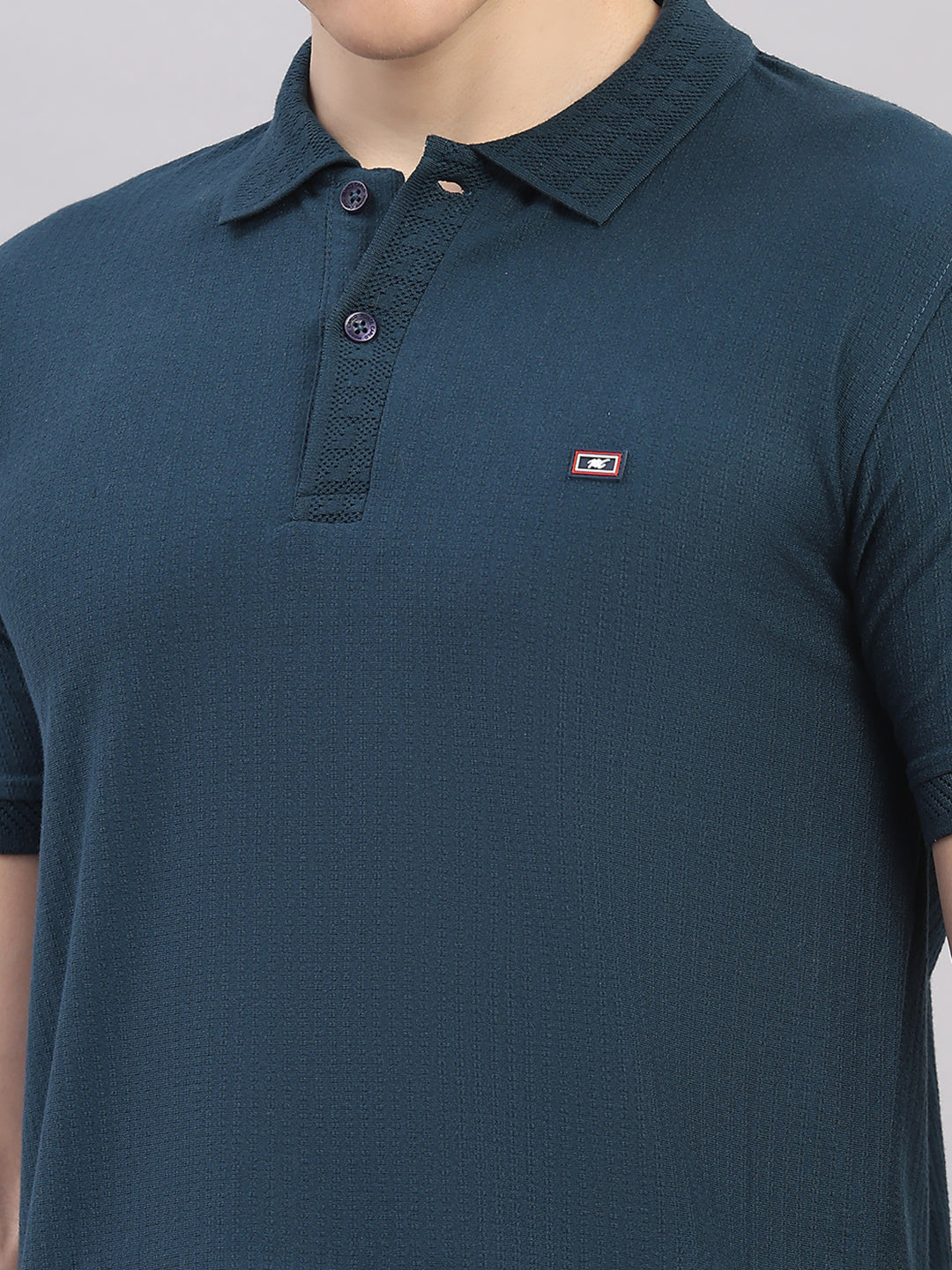 Men Teal Blue Geometric Stand Collar Half Sleeve T-Shirt