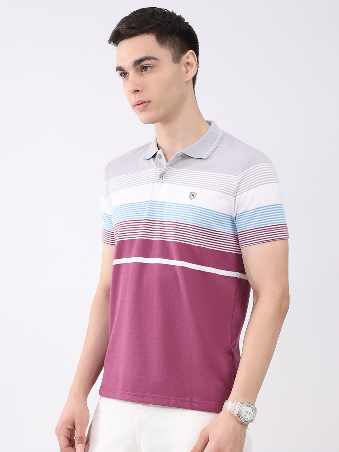 Men Multicolor Stripe Collar Half Sleeve T-Shirt