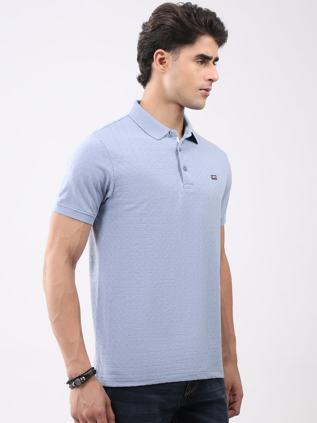 Men Blue Solid Collar Half Sleeve T-Shirt