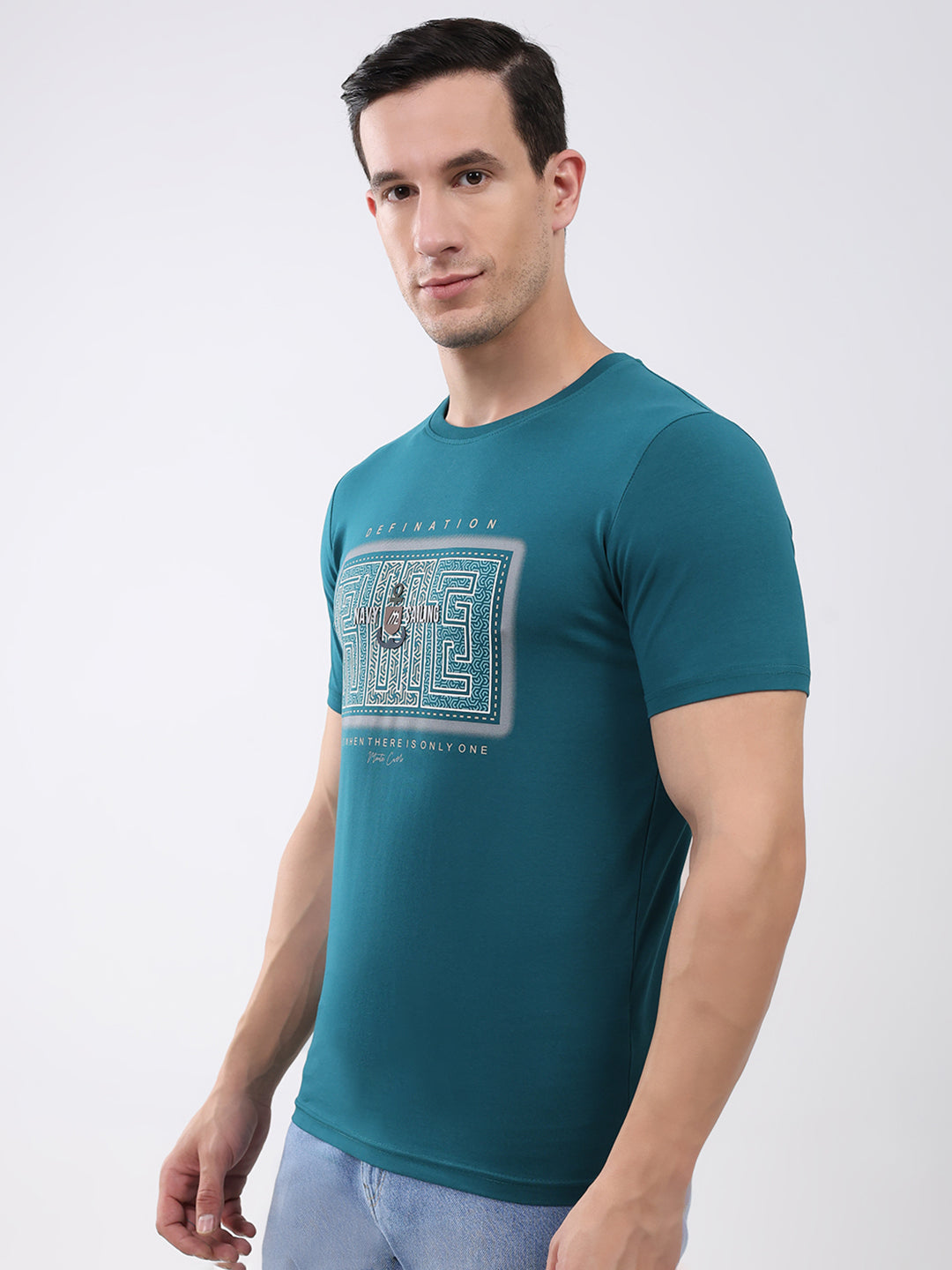 Men Teal Blue Printed Round Neck Half Sleeve T-Shirt