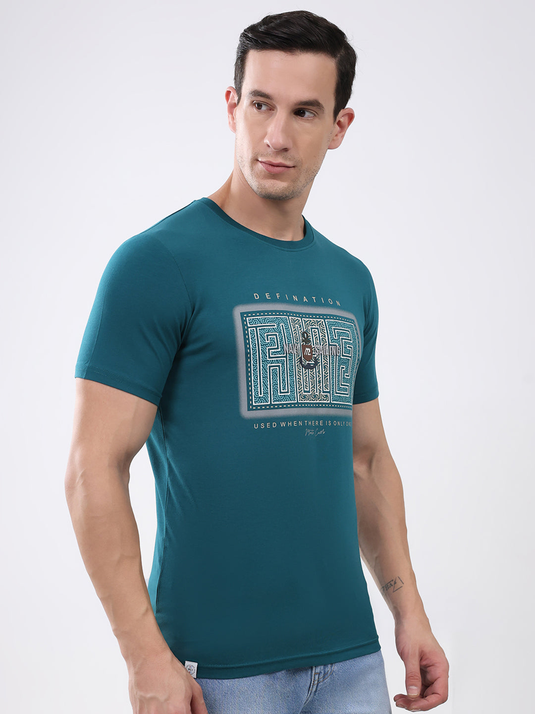 Men Teal Blue Printed Round Neck Half Sleeve T-Shirt