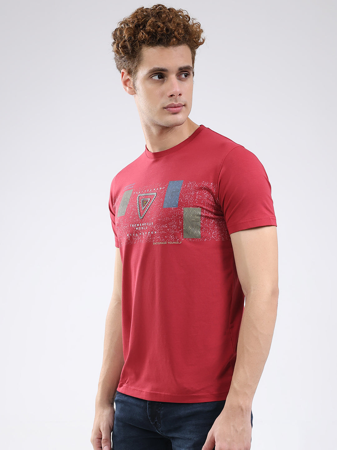 Men Maroon Printed Round Neck Half Sleeve T-Shirt