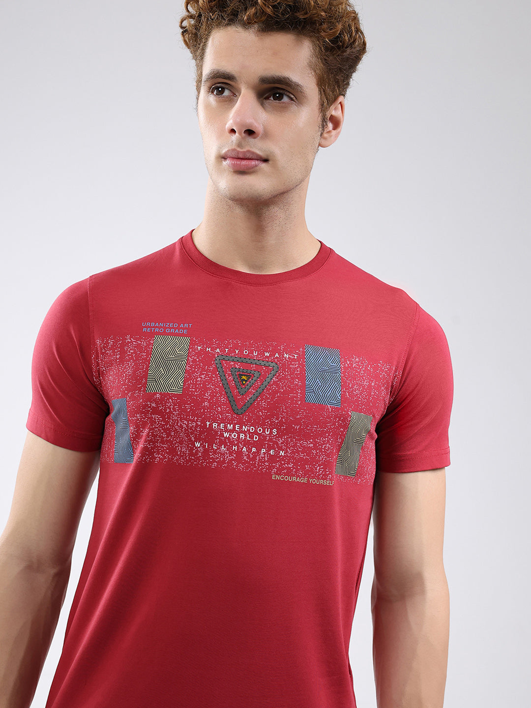 Men Maroon Printed Round Neck Half Sleeve T-Shirt