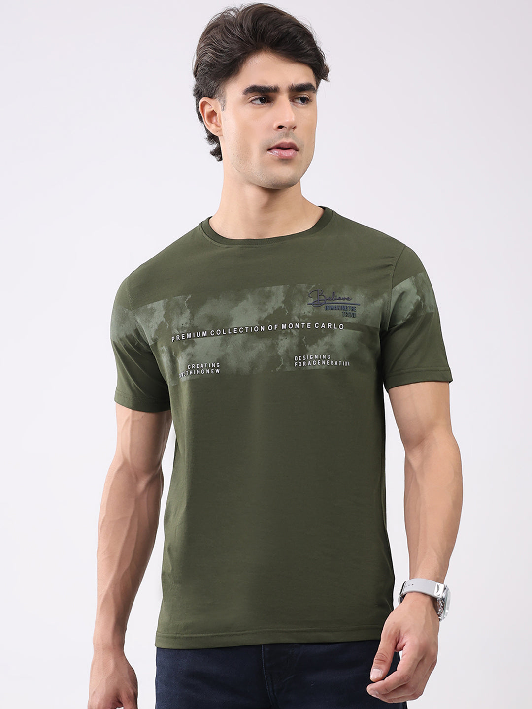 Men Olive Solid Round Neck Half Sleeve T-Shirt
