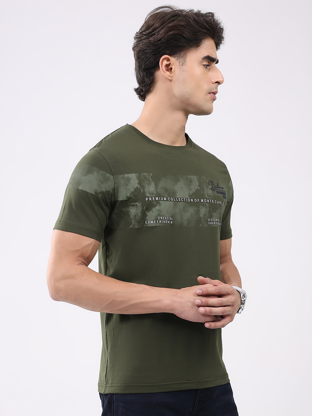 Men Olive Solid Round Neck Half Sleeve T-Shirt