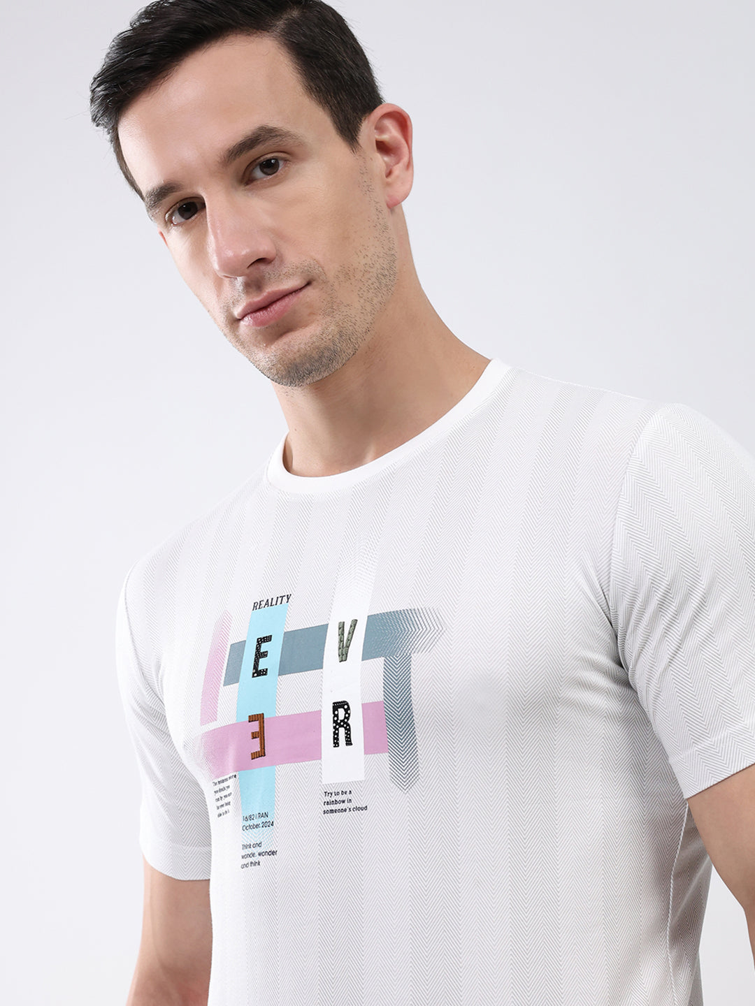 Men White Printed Round Neck Half Sleeve T-Shirt