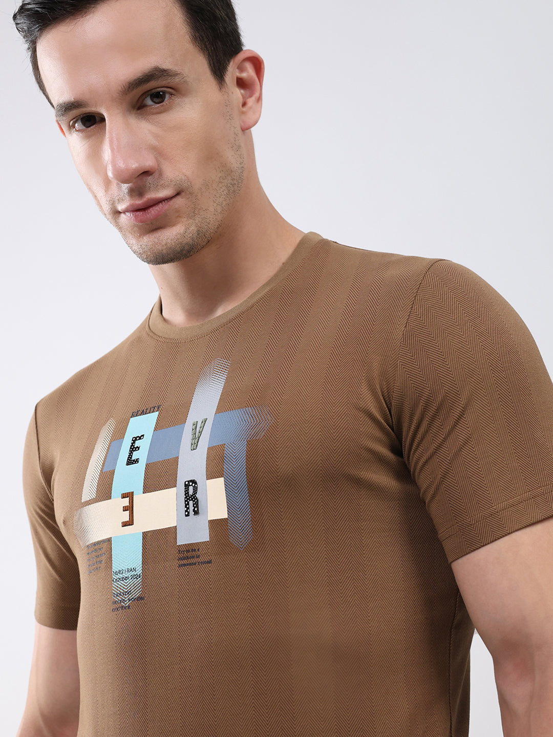 Men Brown Printed Round Neck Half Sleeve T-Shirt
