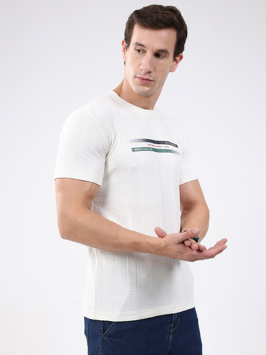 Men Cream Solid Round Neck Half Sleeve T-Shirt