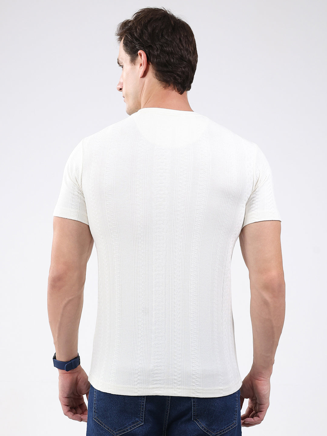 Men Cream Solid Round Neck Half Sleeve T-Shirt