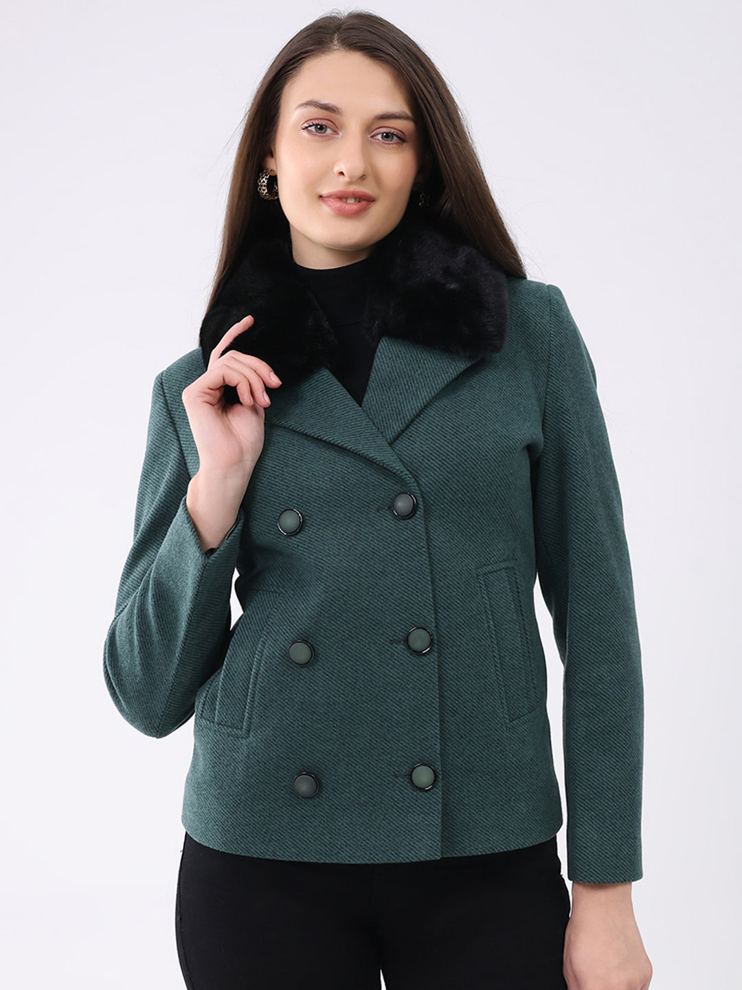 Women Green Solid Notch Lapel Collar Full Sleeve Coat
