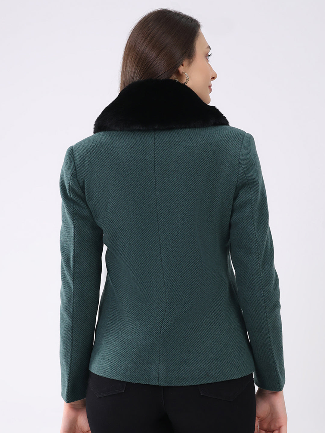 Women Green Solid Notch Lapel Collar Full Sleeve Coat