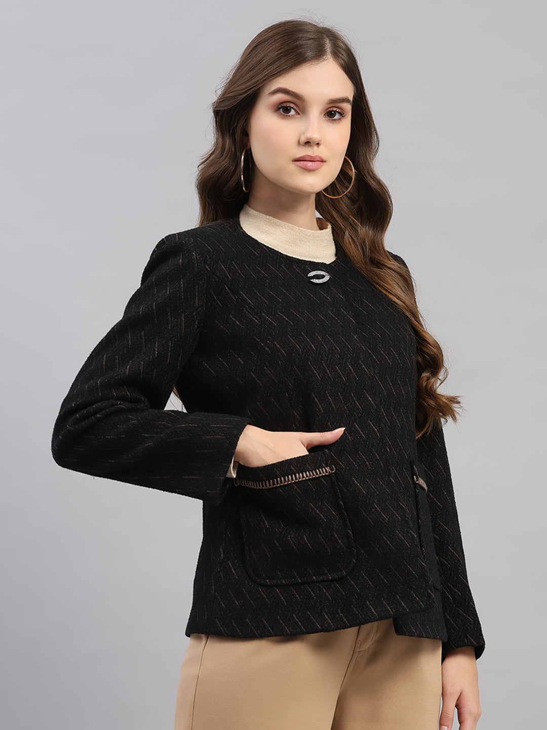 Women Black Self Design Collar Full Sleeve Coat