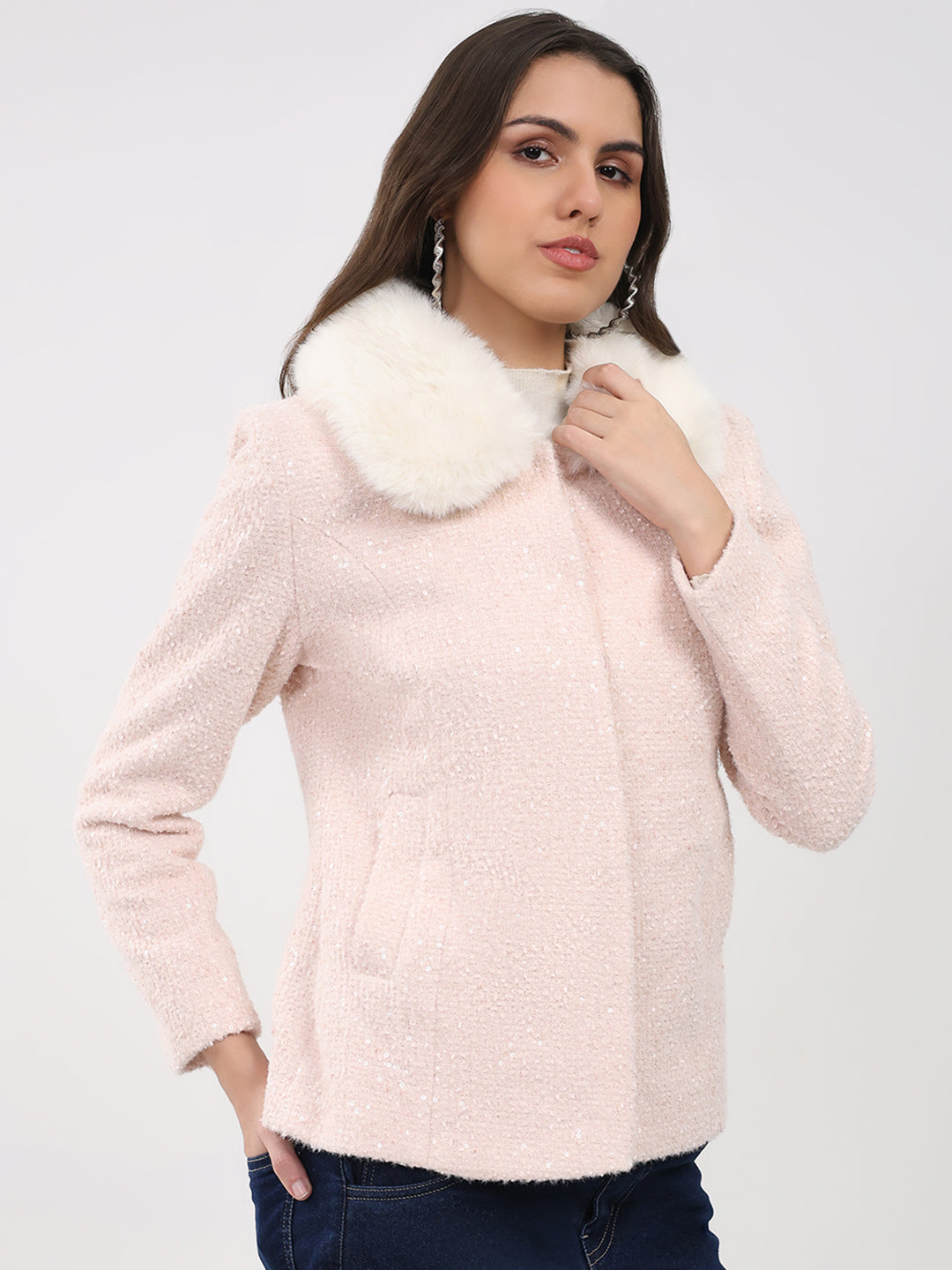 Women Peach Solid Collar Full Sleeve Coat