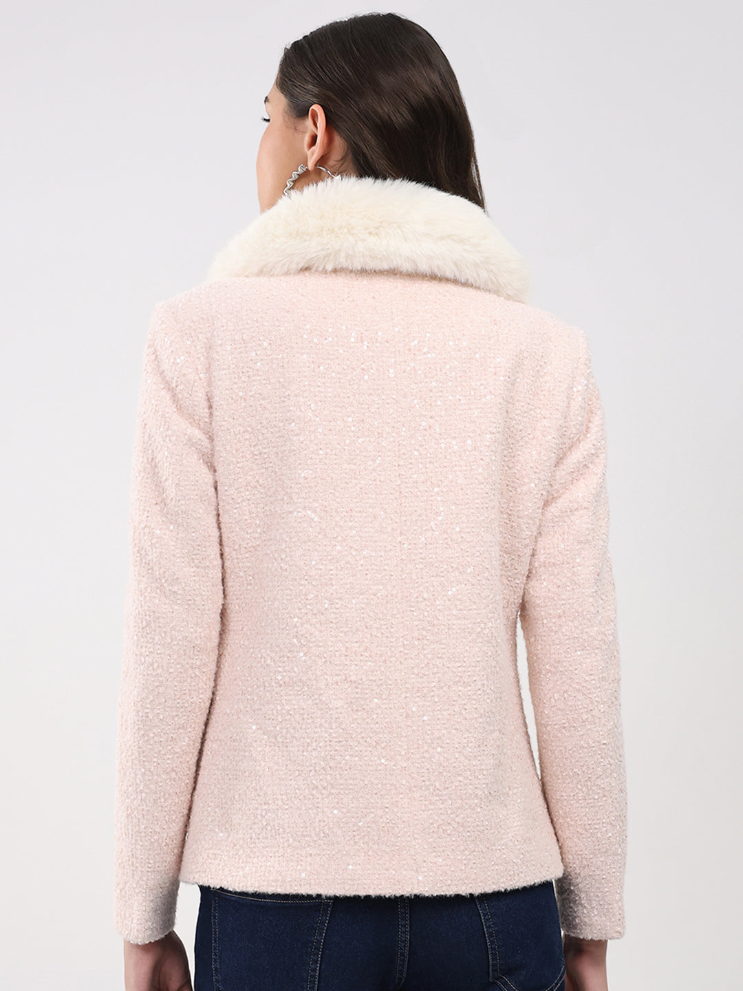Women Peach Solid Collar Full Sleeve Coat