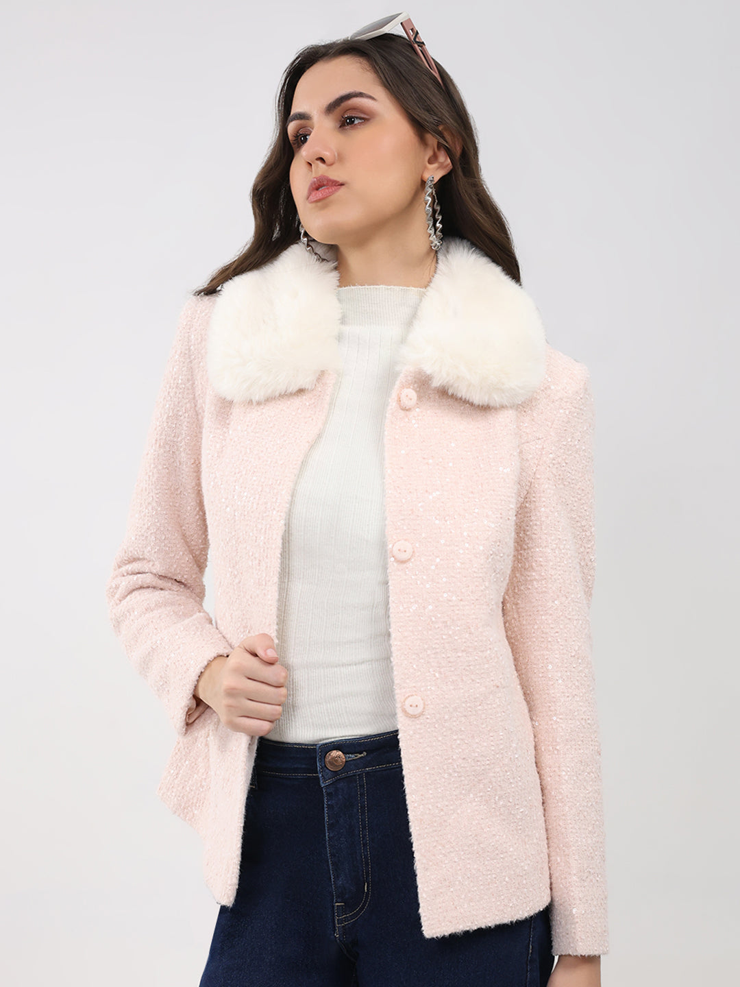 Women Peach Solid Collar Full Sleeve Coat