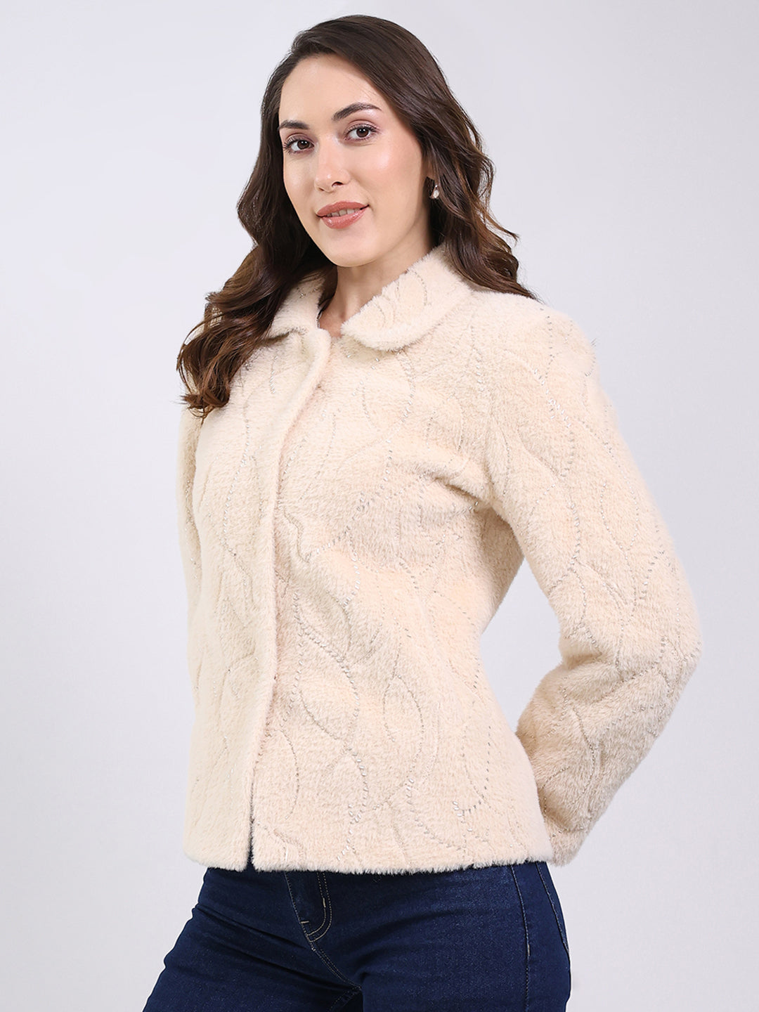 Women Beige Self Design Collar Full Sleeve Coat