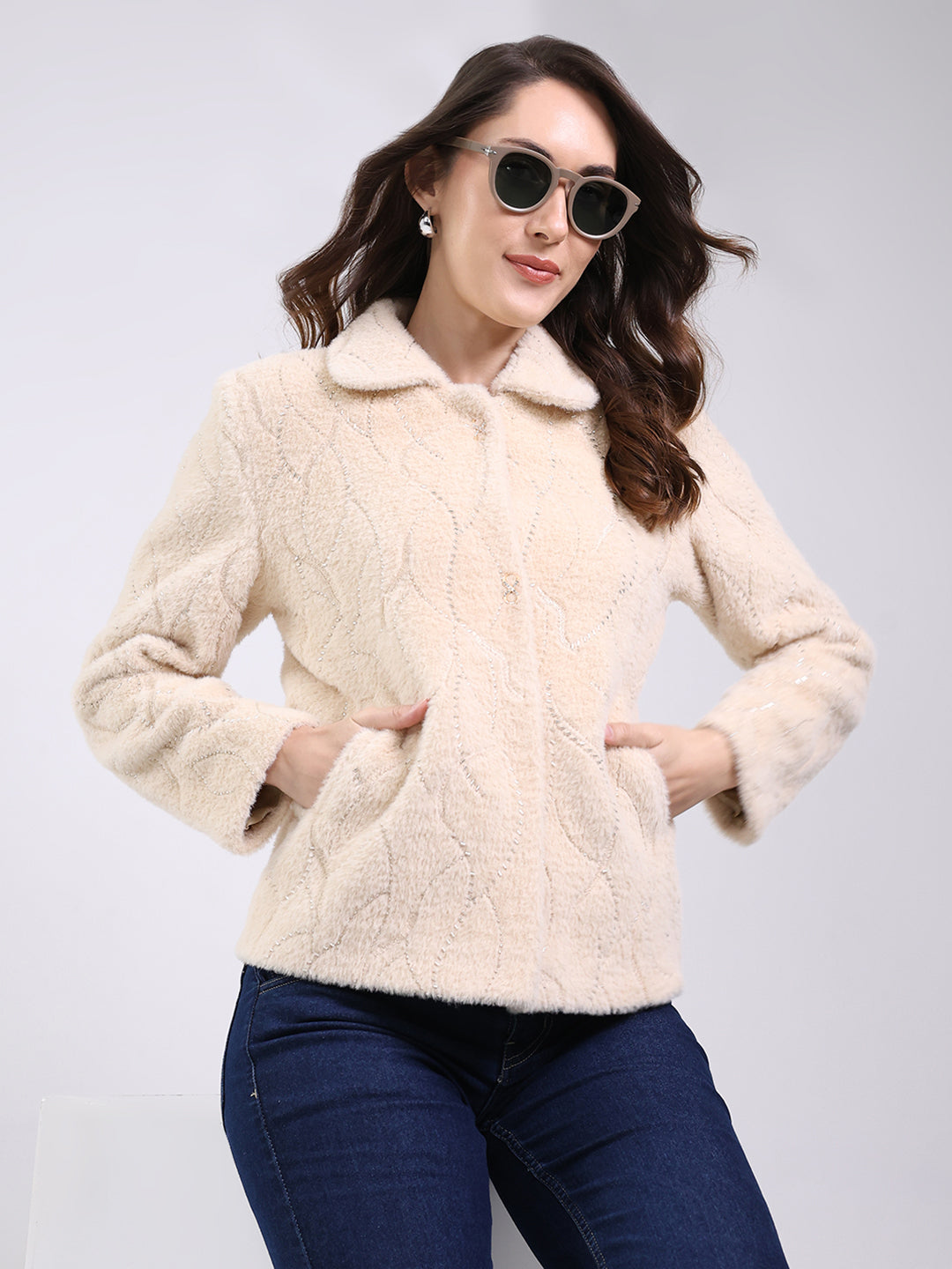 Women Beige Self Design Collar Full Sleeve Coat