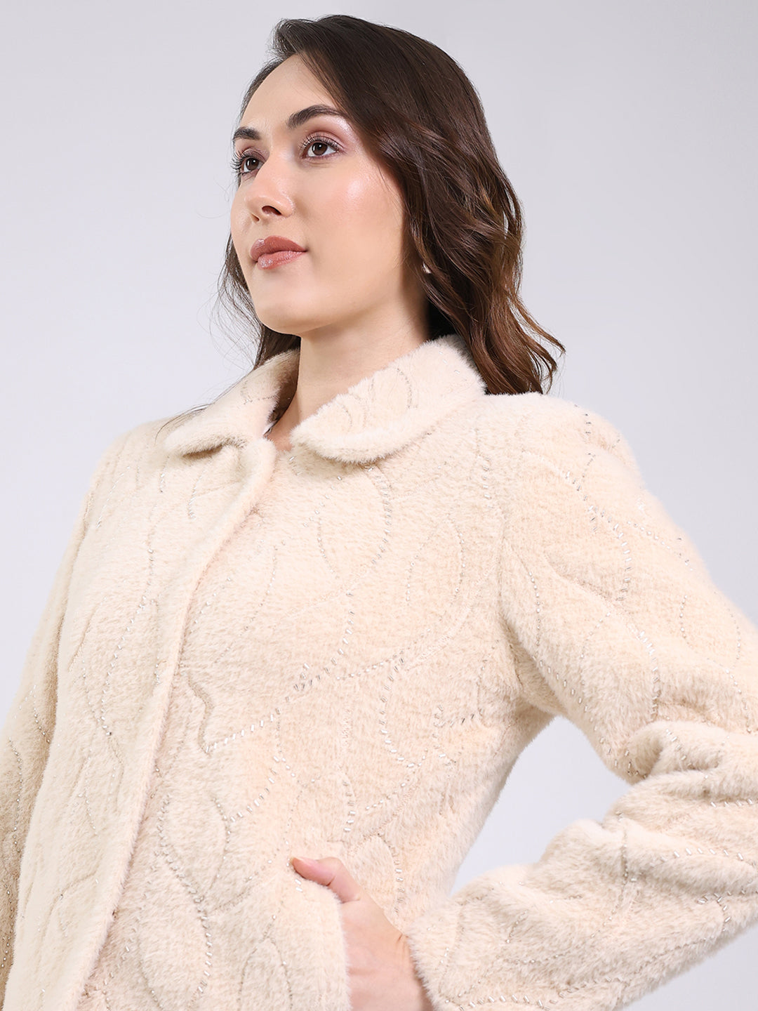 Women Beige Self Design Collar Full Sleeve Coat