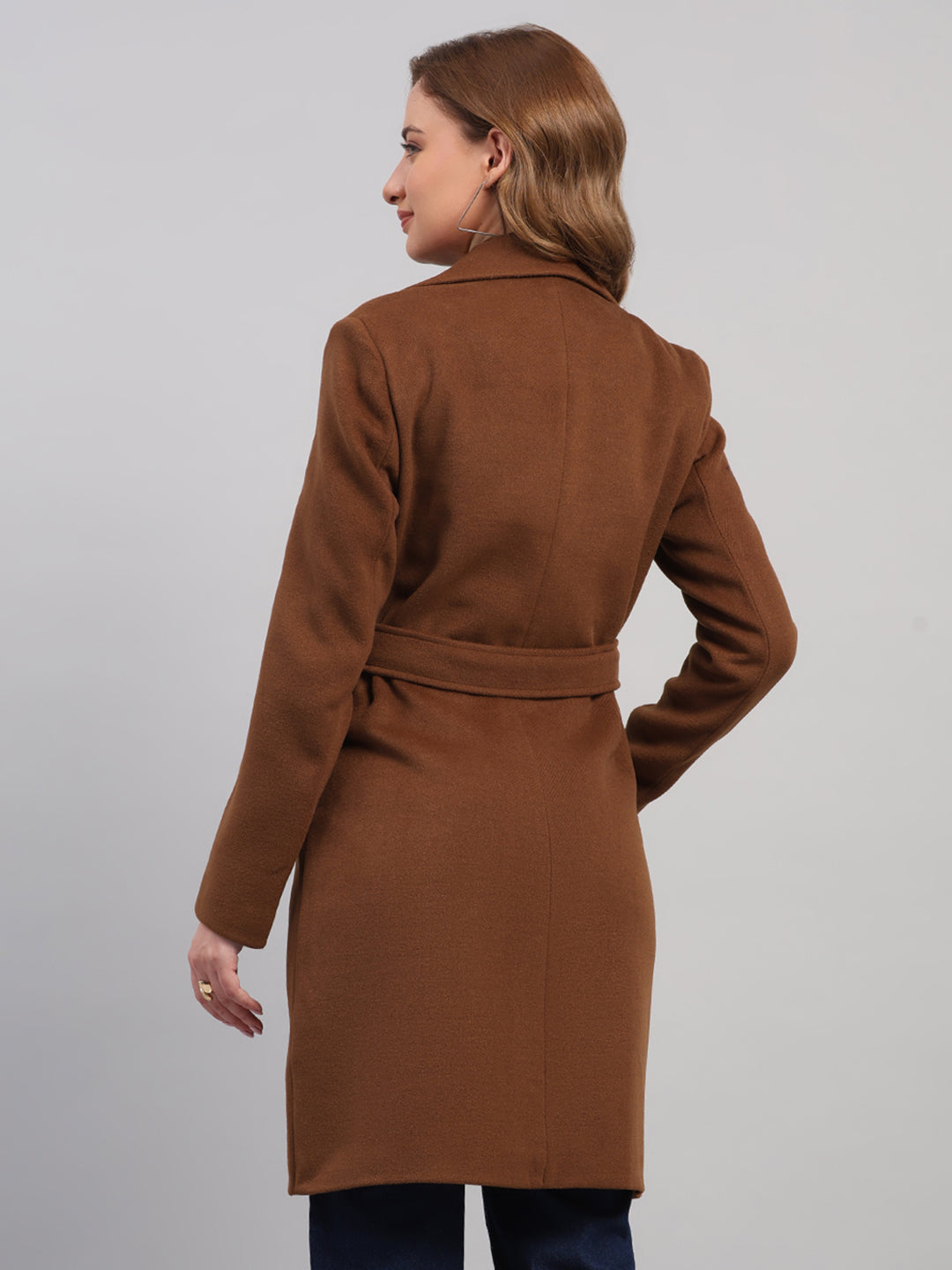 Women Brown Solid Collar Full Sleeve Coat