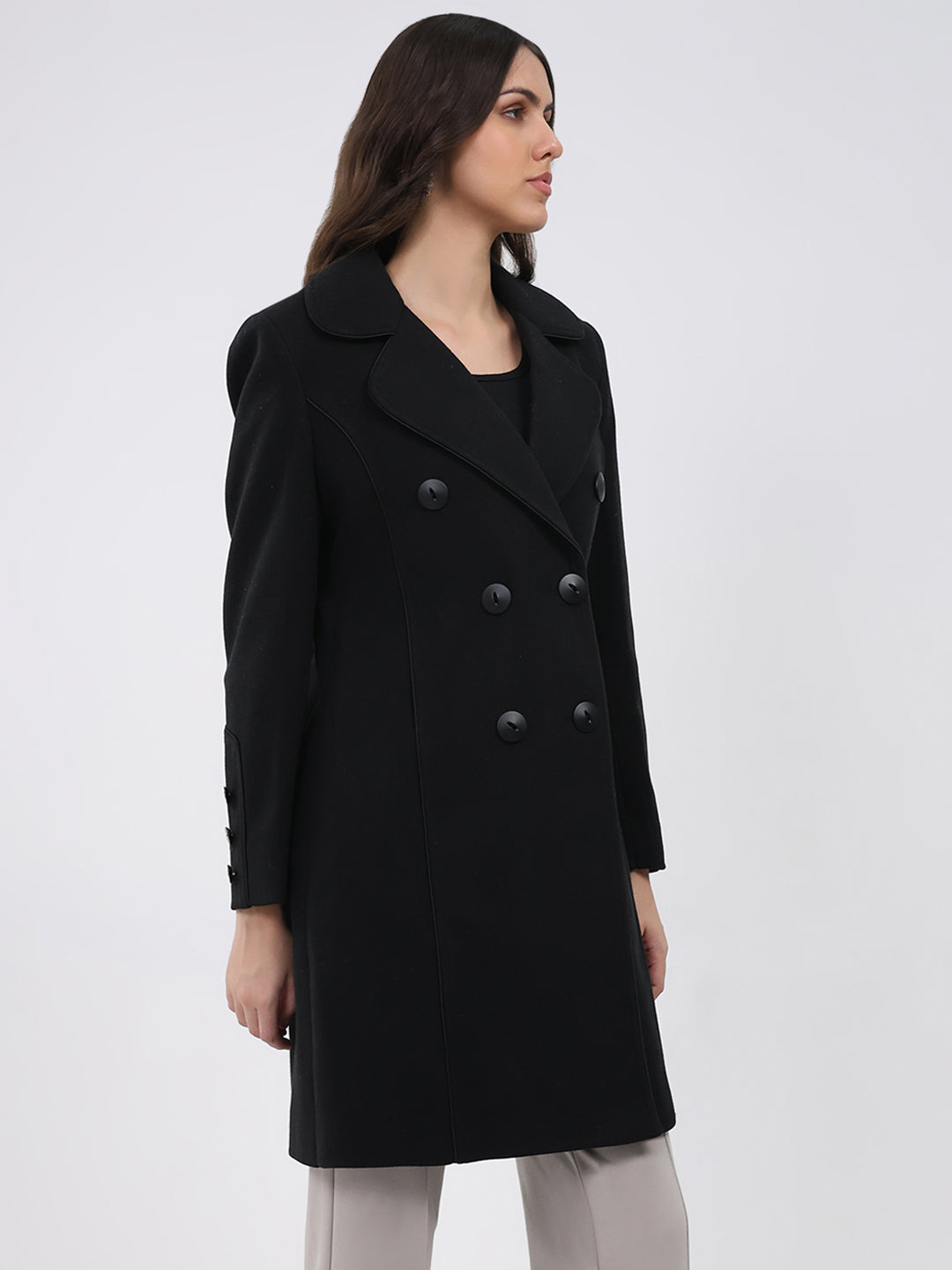 Women Black Solid Collar Full Sleeve Coat