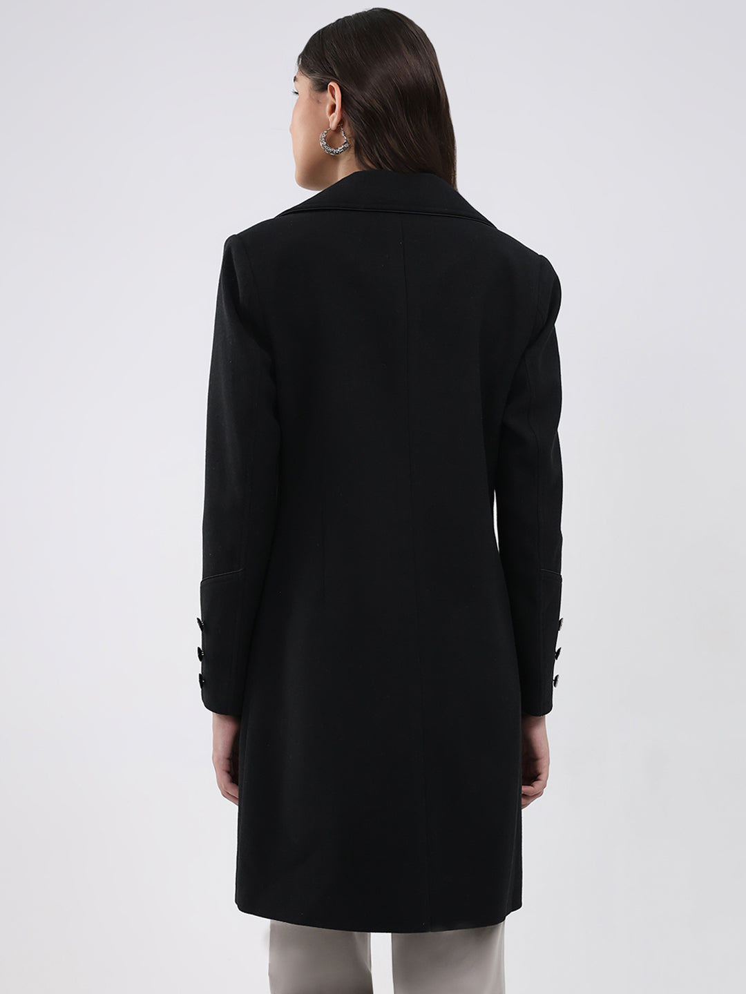 Women Black Solid Collar Full Sleeve Coat