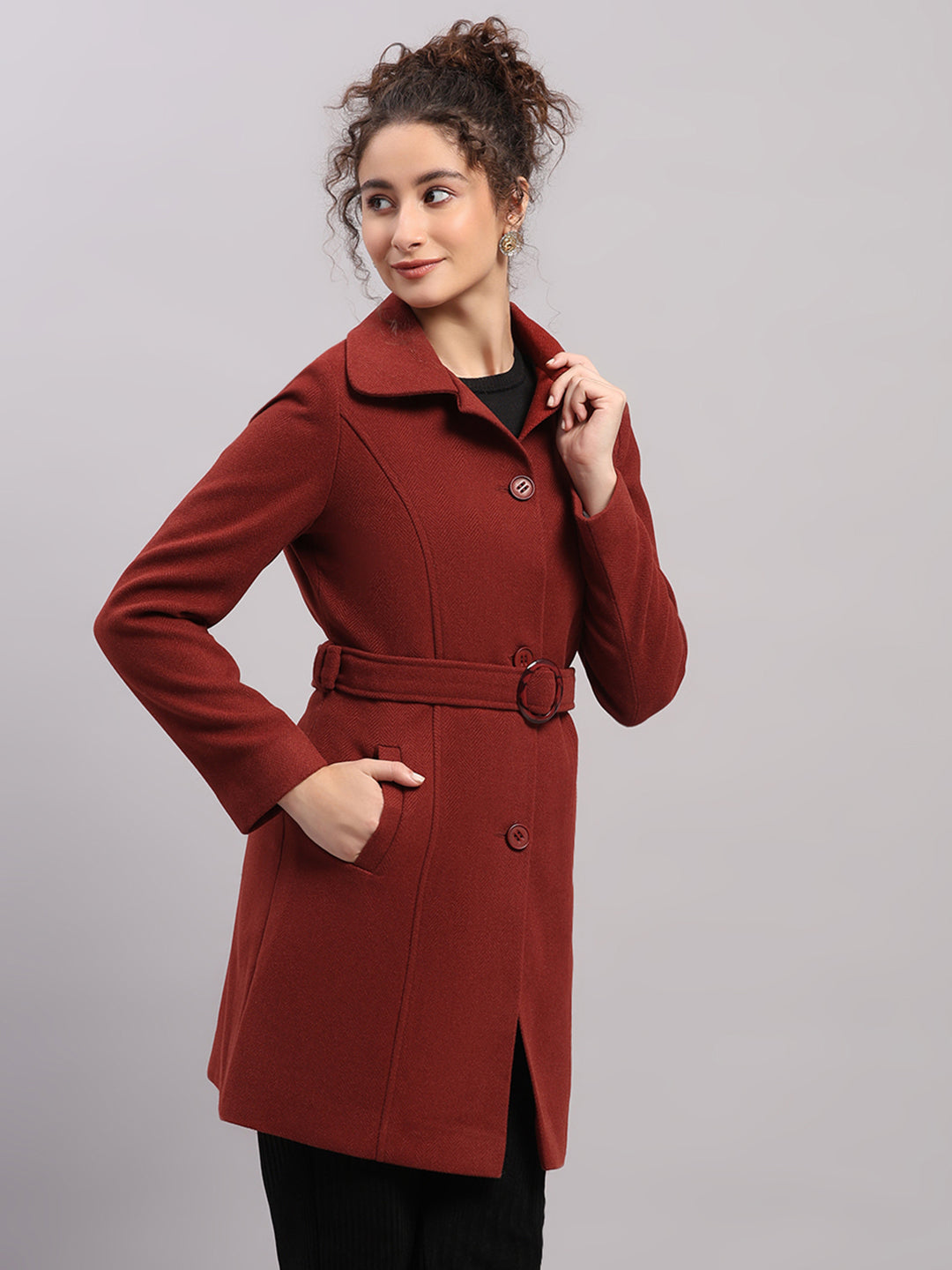 Women Rust Solid Collar Full Sleeve Coat