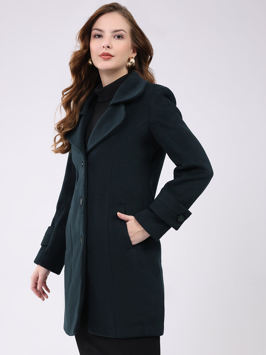 Women Teal Blue Solid Notch Lapel Collar Full Sleeve Coat
