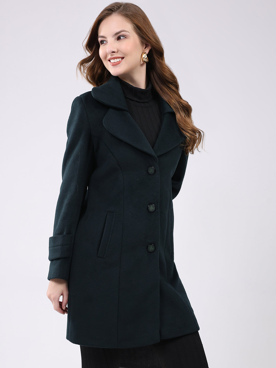 Women Teal Blue Solid Notch Lapel Collar Full Sleeve Coat