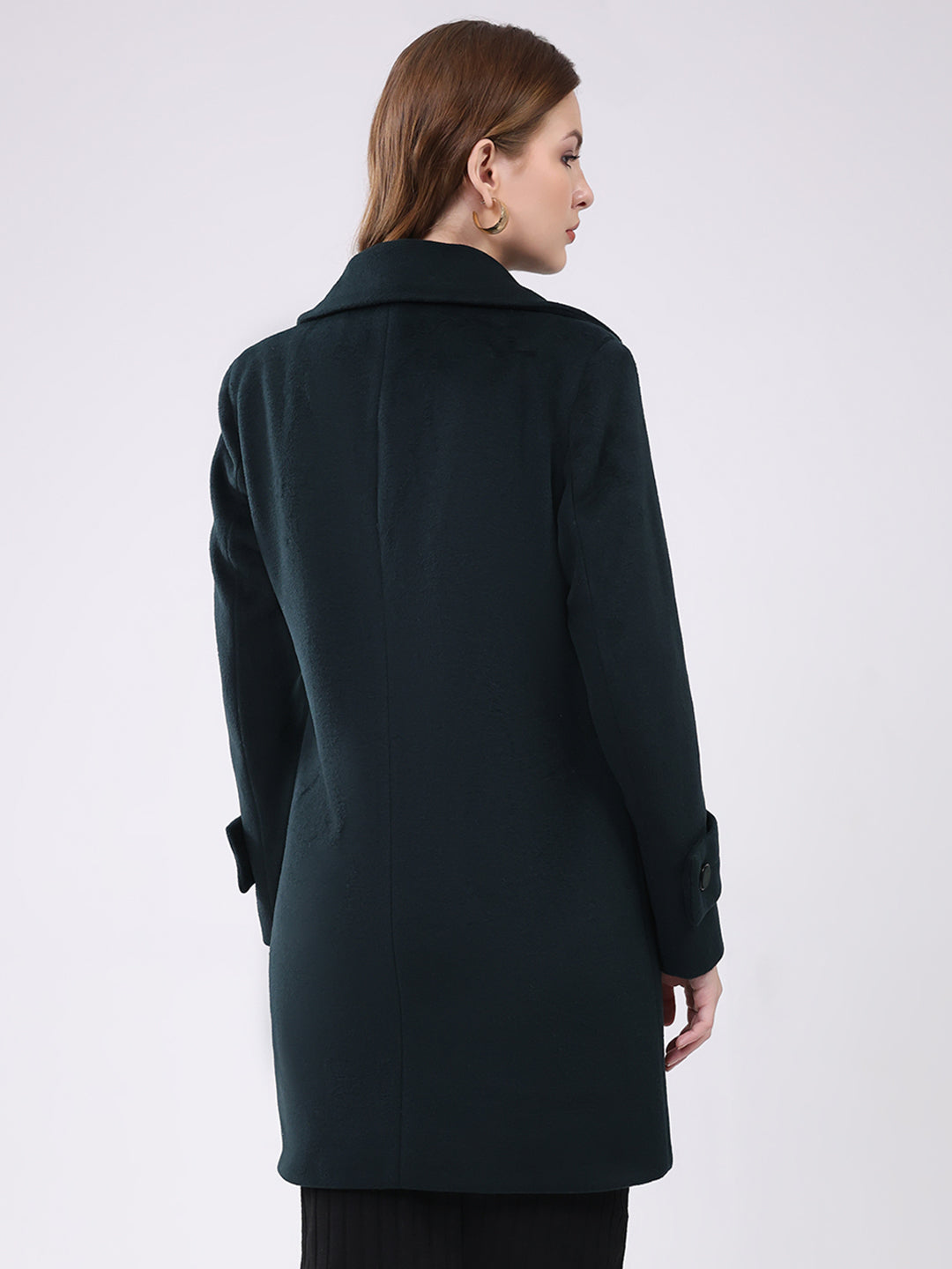 Women Teal Blue Solid Notch Lapel Collar Full Sleeve Coat