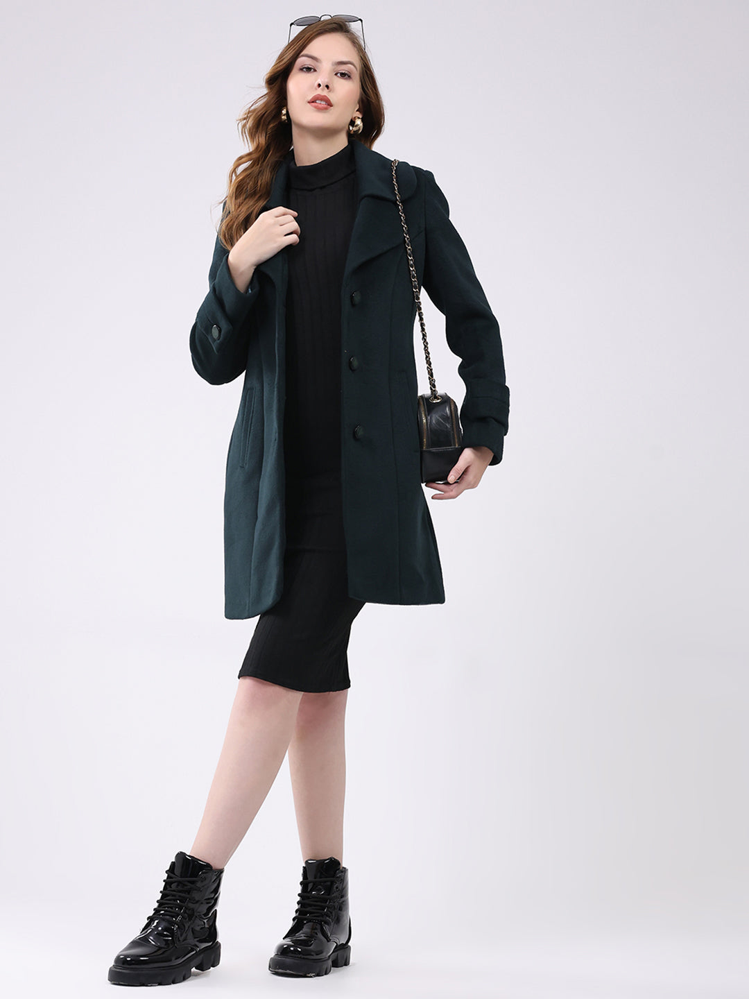 Women Teal Blue Solid Notch Lapel Collar Full Sleeve Coat